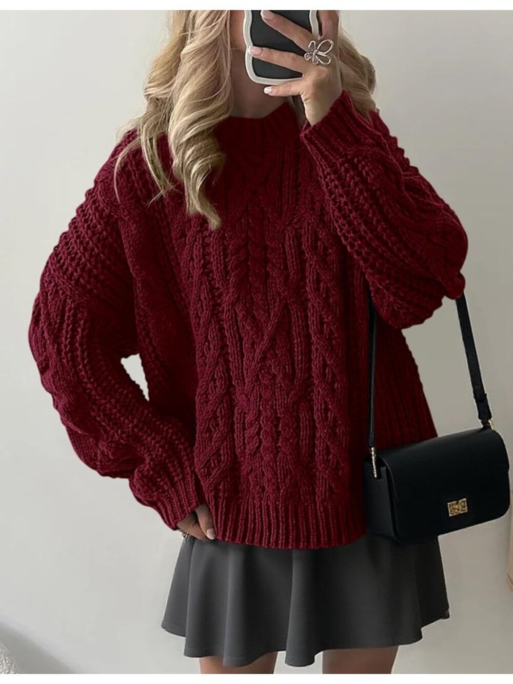 Women's Burgundy Cozy Long Sleeve Loose Fitting Classic Crew Neck Fall Sweaters - Picture 2 of 6